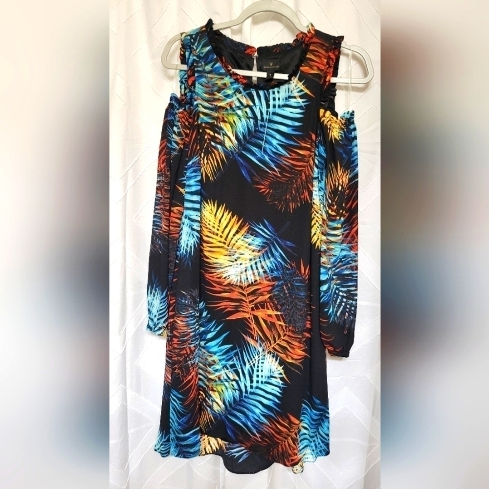 Worthington Cold Shoulder Dress Size 6 Black Blue Red Hawaiian Palm Floral NWT